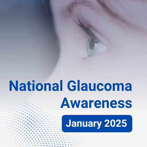 Background, close up of young girl's eye, foreground, text reads National Glaucoma Awareness